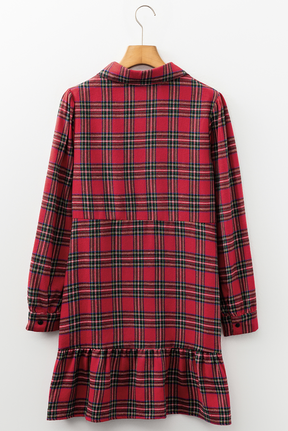 Red Plaid Shirt Collar Half Button Ruffle Hem Long Sleeve Mini Dress - loveforevers