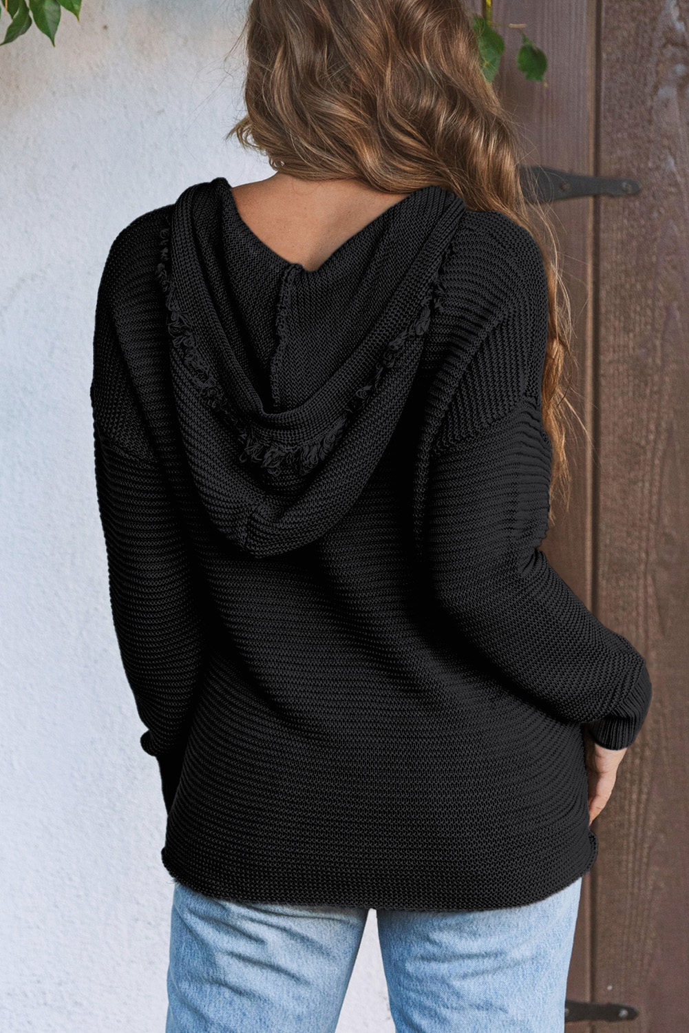 V Neck Ribbed Drop Shoulder Hooded Sweater - loveforevers