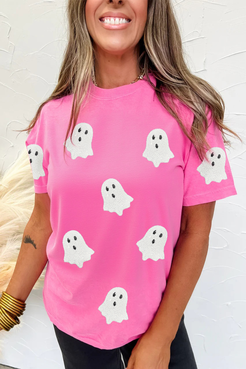 Wisteria Glitter Trim Chenille Ghost Patched Halloween Graphic Tee - loveforevers