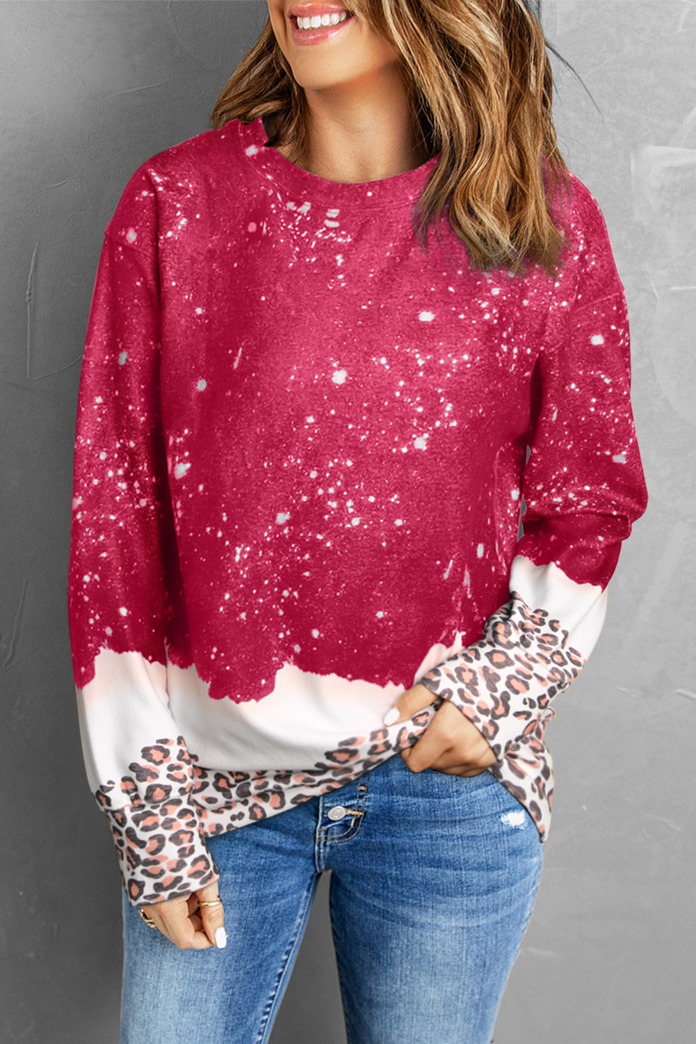 Fiery Red Leopard Bleached Pullover Sweatshirt - loveforevers