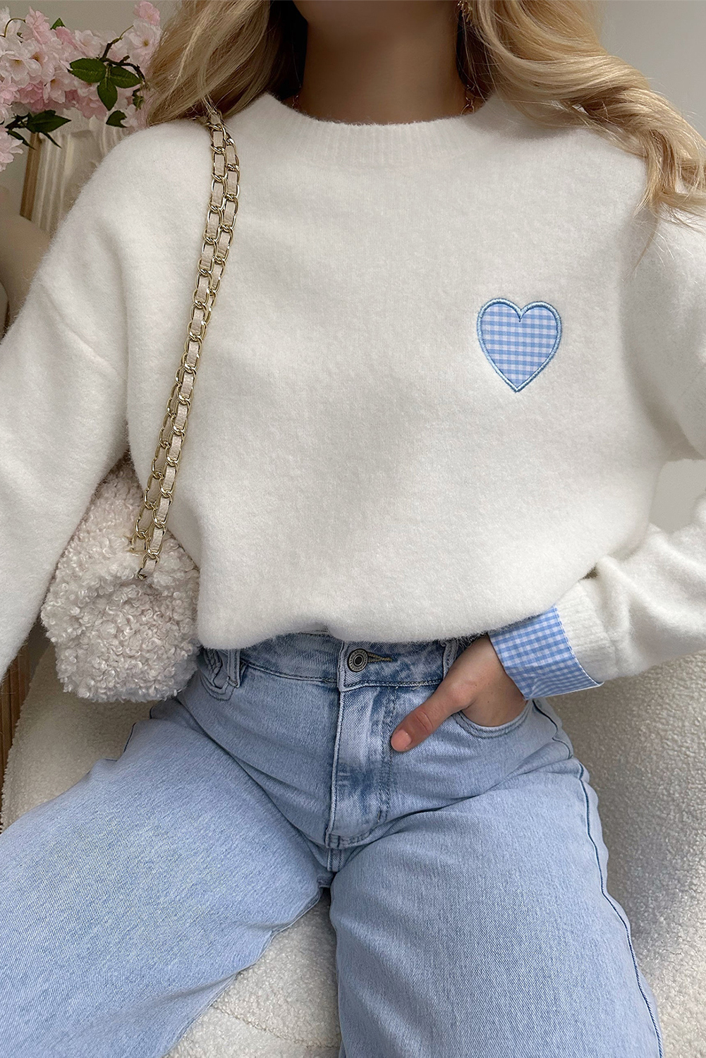 Light Pink Plaid Heart Embroidered Cuffed Drop Shoulder Crew Neck Sweater - loveforevers