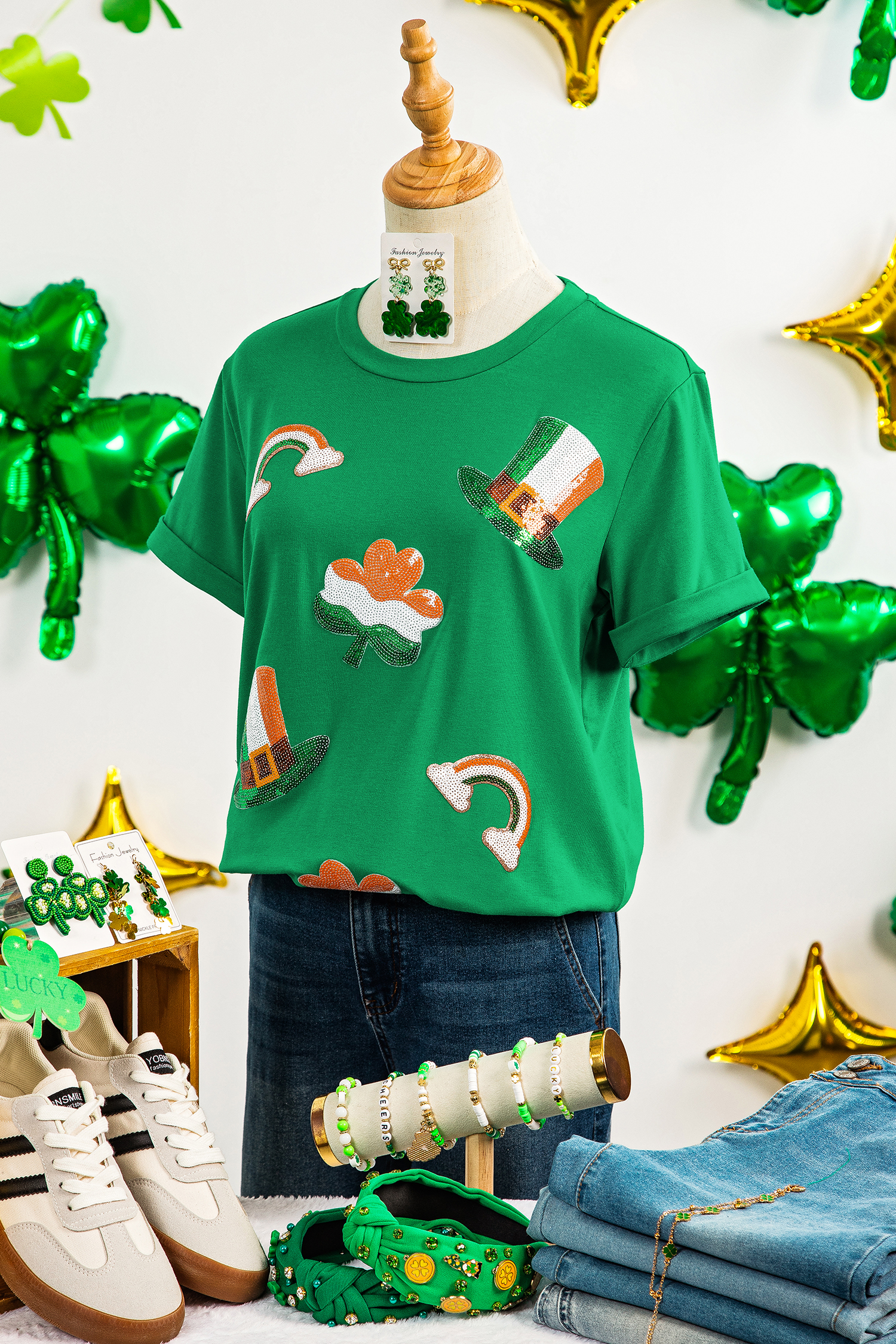 Bright Green St Patricks Day Elements Sequin Graphic Tee - loveforevers