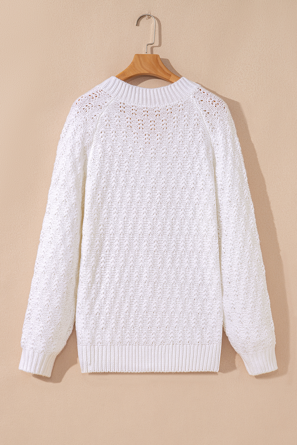 White Textured Knit Ribbed Edge V Neck Loose Sweater - loveforevers