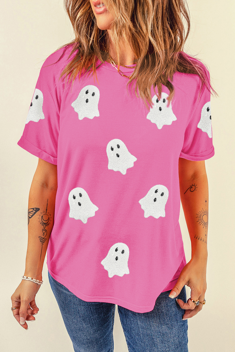Wisteria Glitter Trim Chenille Ghost Patched Halloween Graphic Tee - loveforevers