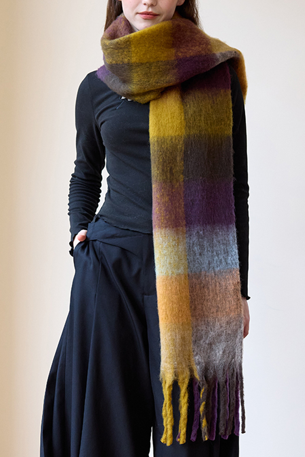 Beige Plaid Ombre Tasseled Fleece Shawl Scarf - loveforevers