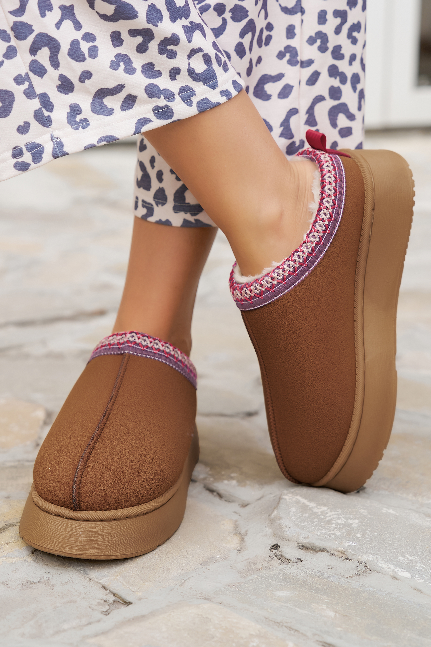 Chestnut Contrast Print Suede Plush Lined Snow Boots - loveforevers