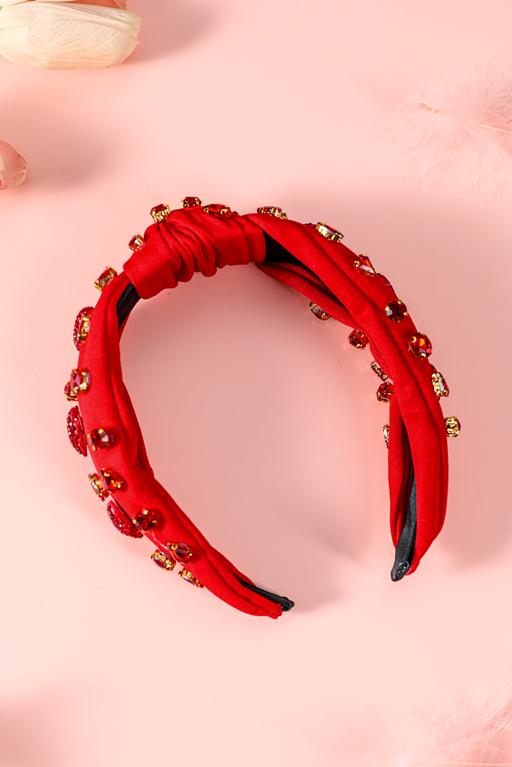 Fiery Red Rhinestone Heart Glass Drill Studded Knotted Wide Headband - loveforevers