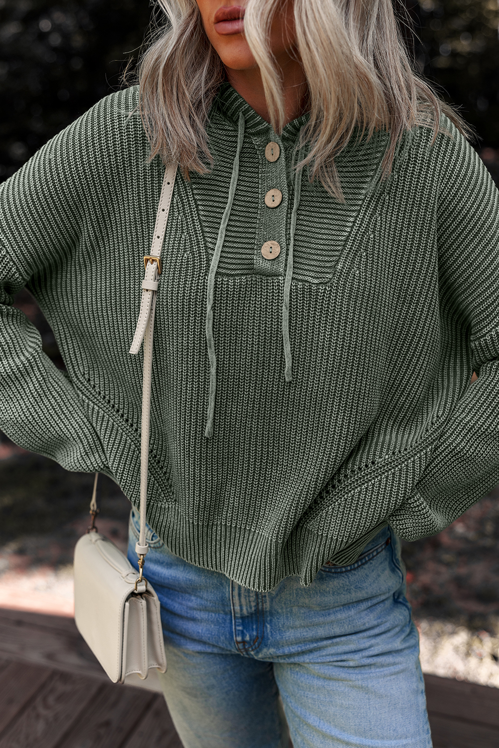 Mist Green Mineral Wash Ribbed Knit Button Drawstring Neck Hooded Sweater - loveforevers