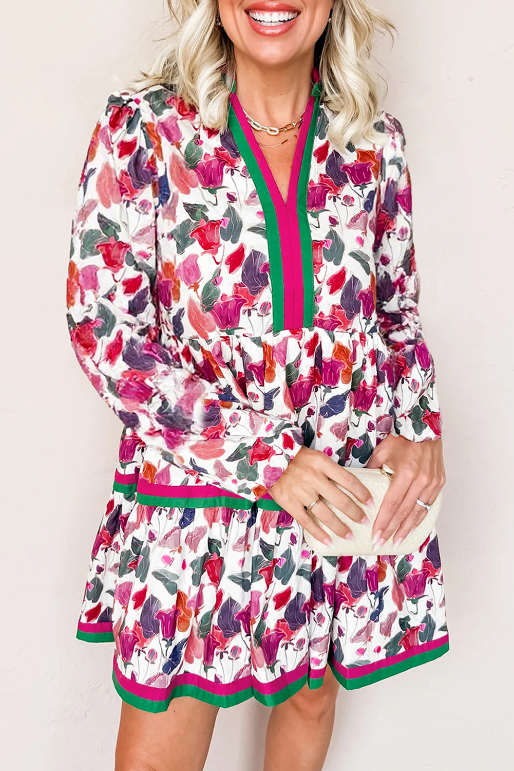 Purple Floral Print Contrast Striped Detail Long Sleeve Mini Dress - loveforevers