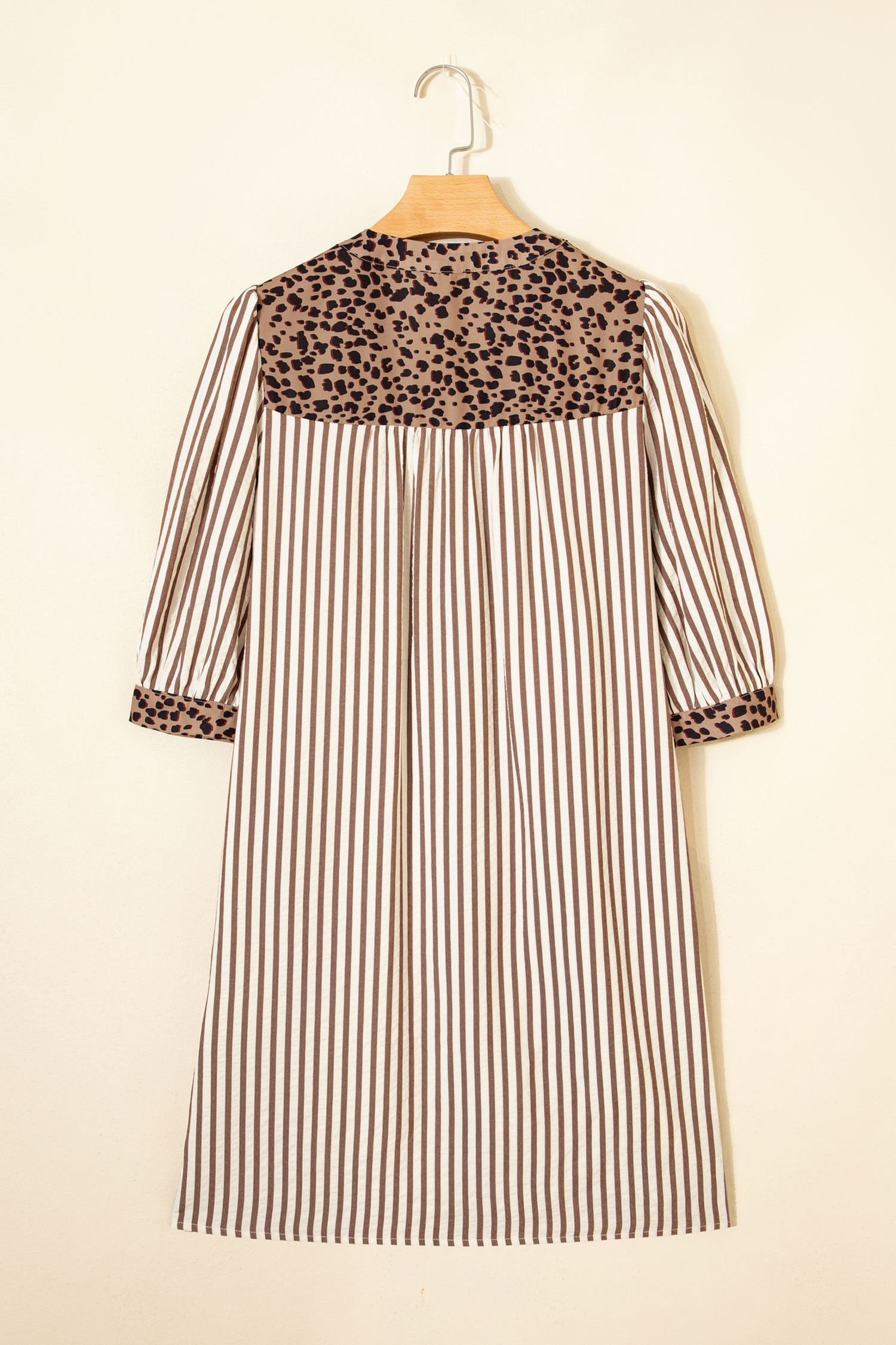 Khaki Stripe Square Button Leopard Trim Loose Bracelet Sleeve Shirt Dress - loveforevers