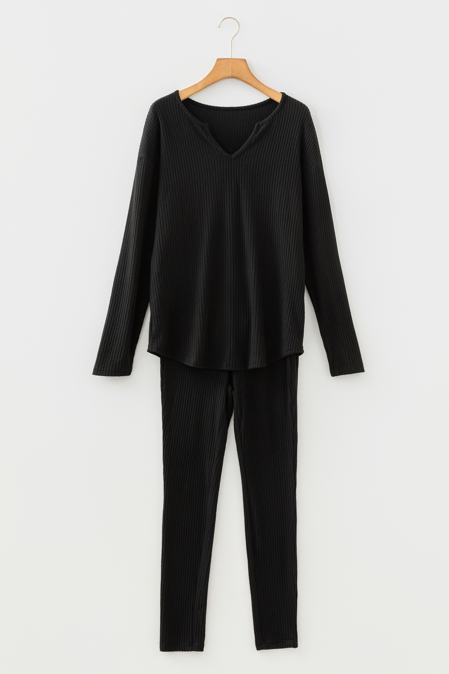 Black Ribbed Notched Neck Knit Long Sleeve Leggings Two Pieces Lounge Set - loveforevers