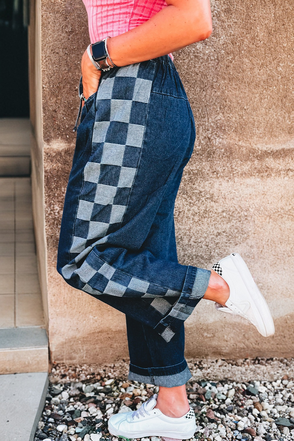 Sail Blue Checkered Side Panel Patchwork Drawstring Loose Denim Pants - loveforevers