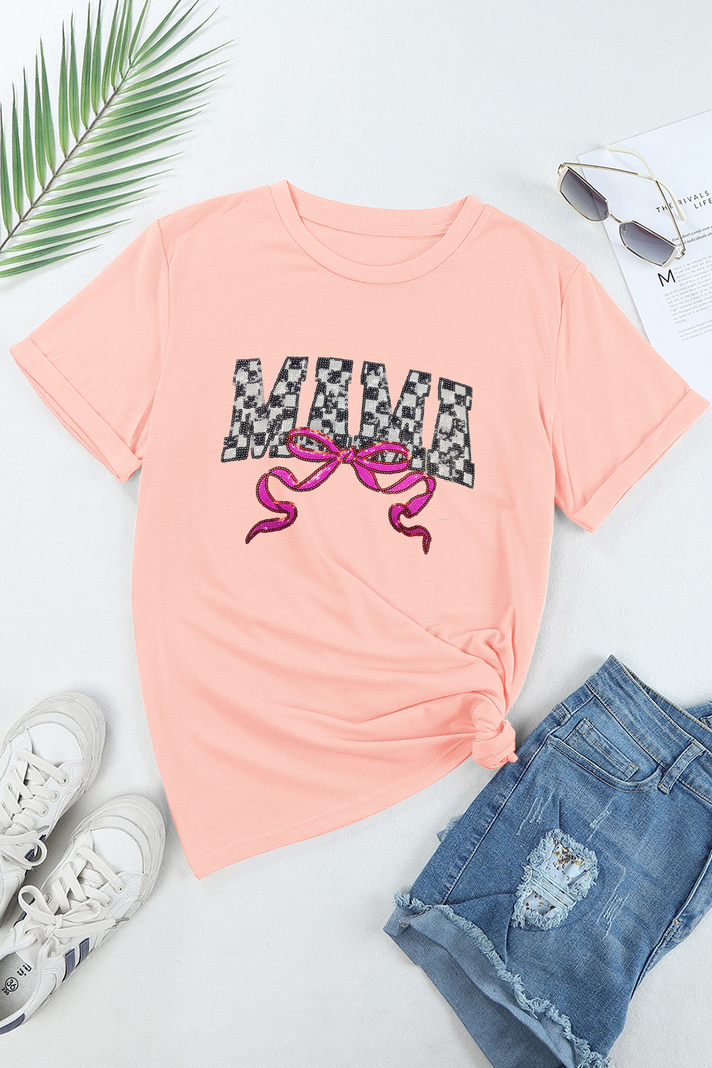 Pink Sequin Checkered MAMA Bow Graphic T Shirt - loveforevers