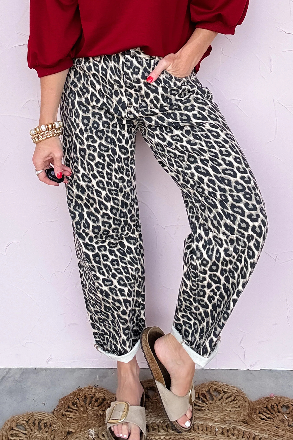 Black Leopard Print Barrel Jeans - loveforevers
