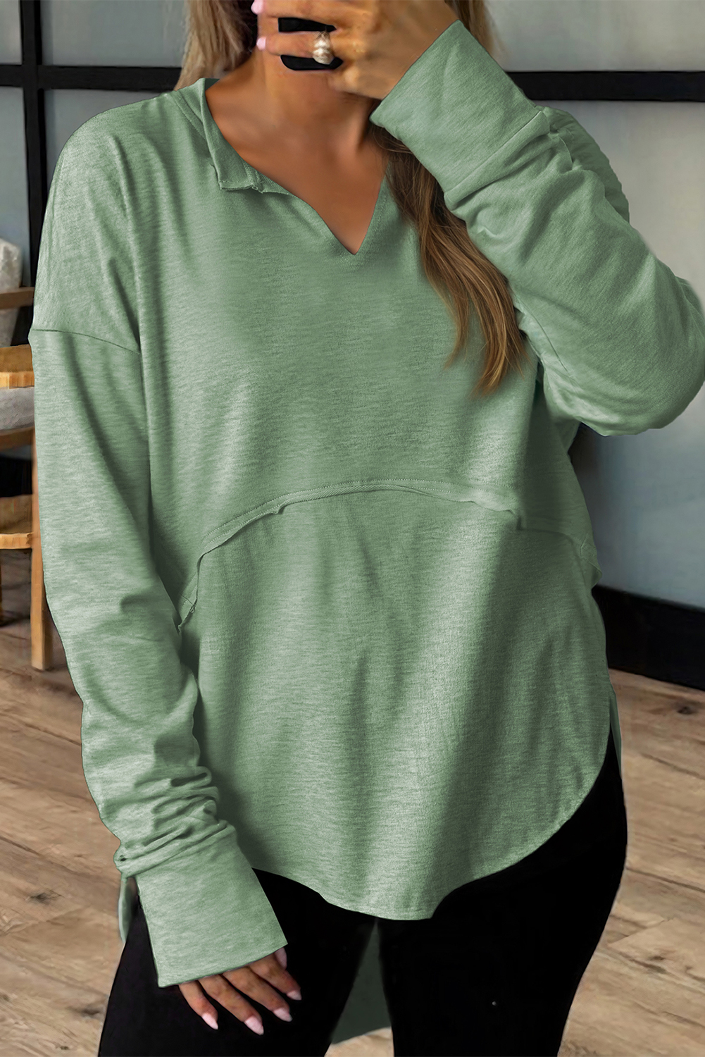 Myosotis Notched Neck Terry Raw Hem Long Sleeve Top - loveforevers