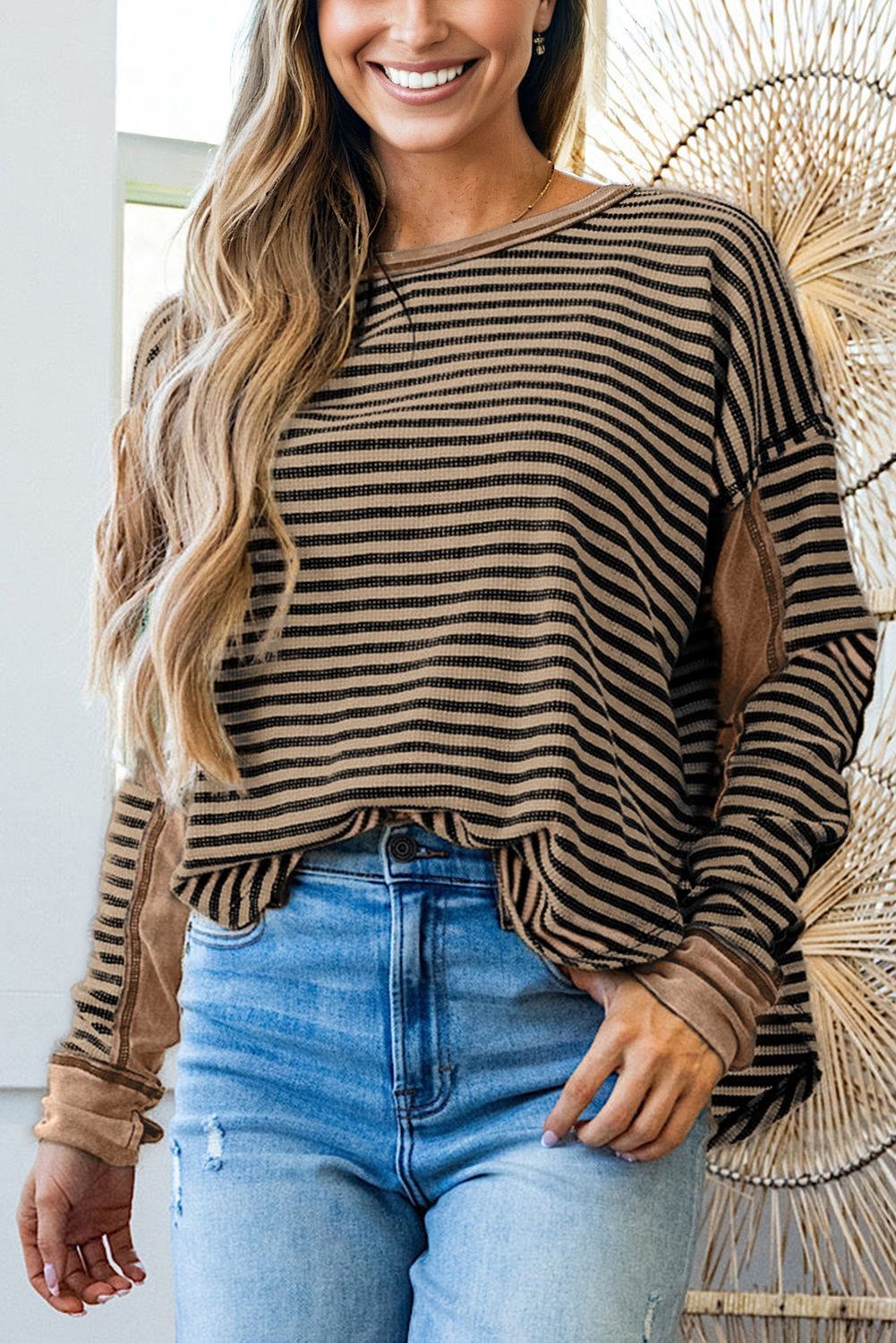 Dearlovers Green Stripe Thermal Knit Drop Shoulder Casual Top - loveforevers