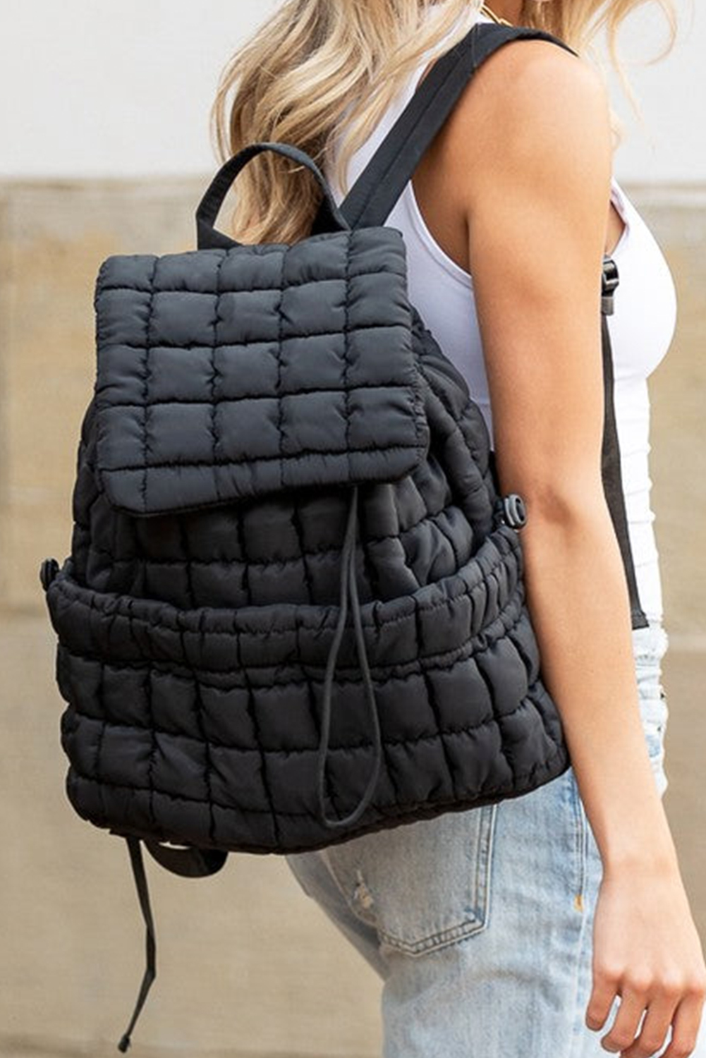 Black Solid Flapped Quilted Puffer Backpack - loveforevers