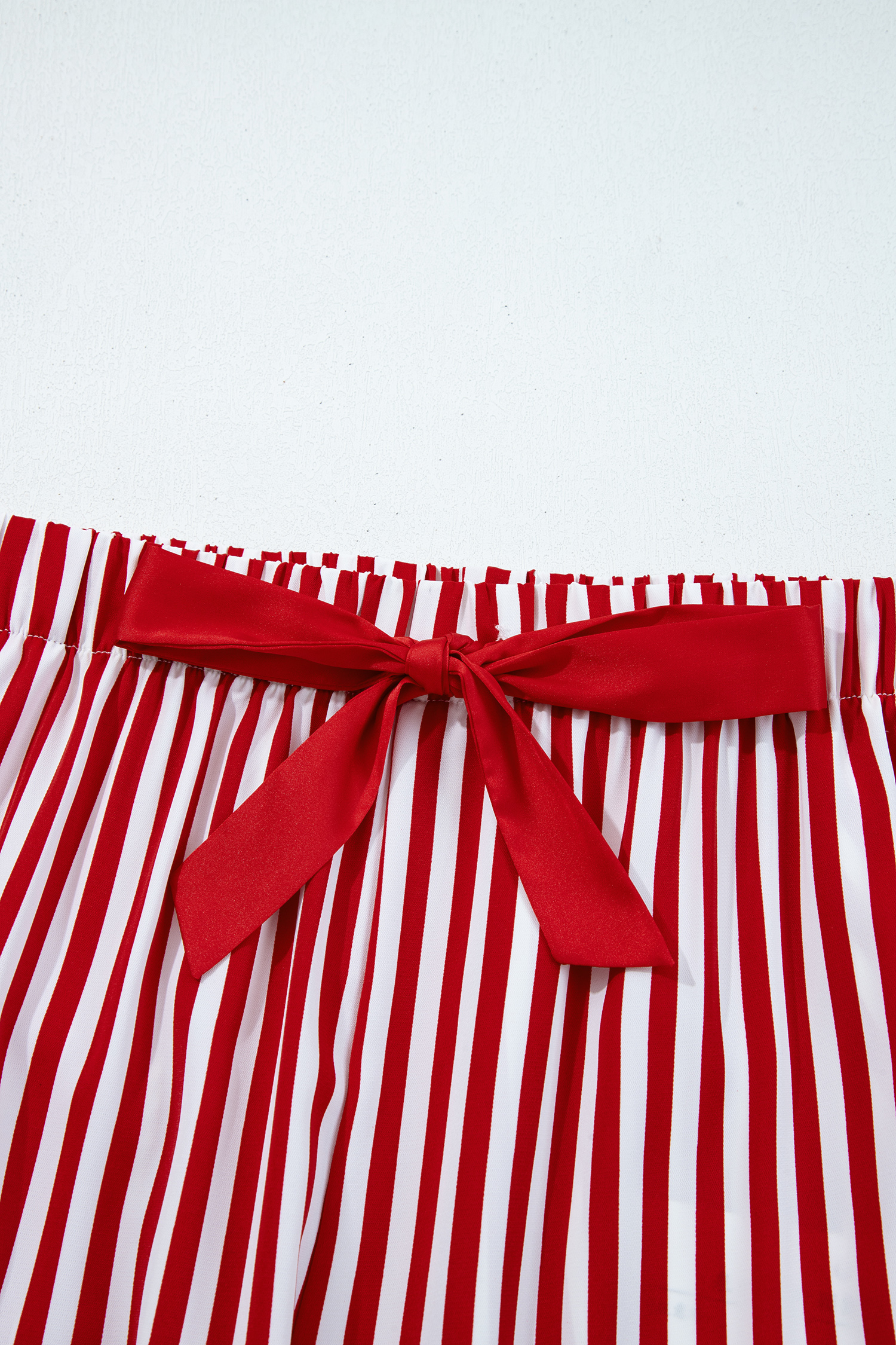 Red Stripe Contrast Velvet Trim Bow Knot Waist 2pcs Pajama Set - loveforevers