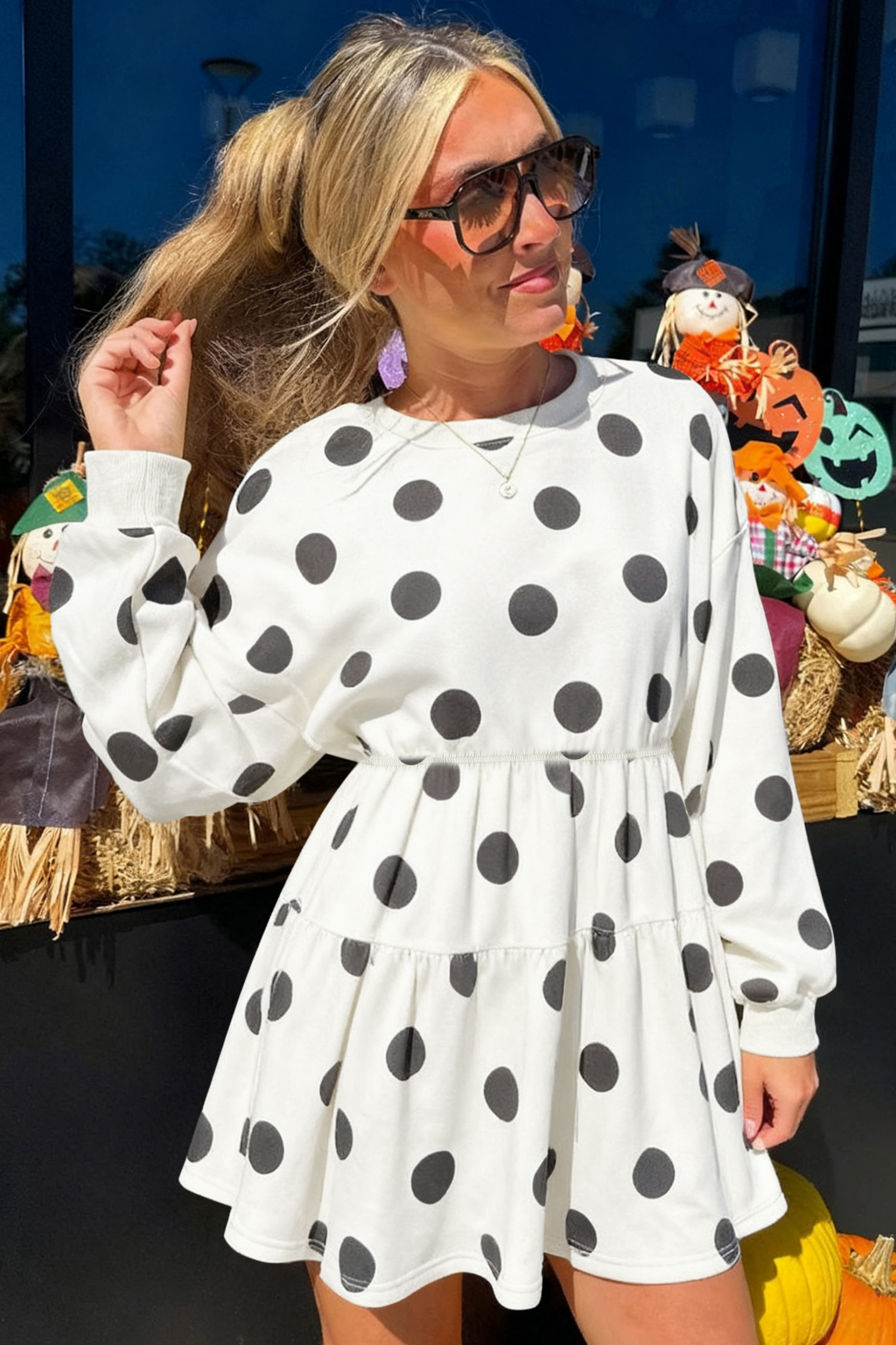 Beige Polka Dot Print Drop Shoulder Pullover Drawstring Jogger Pant Set - loveforevers