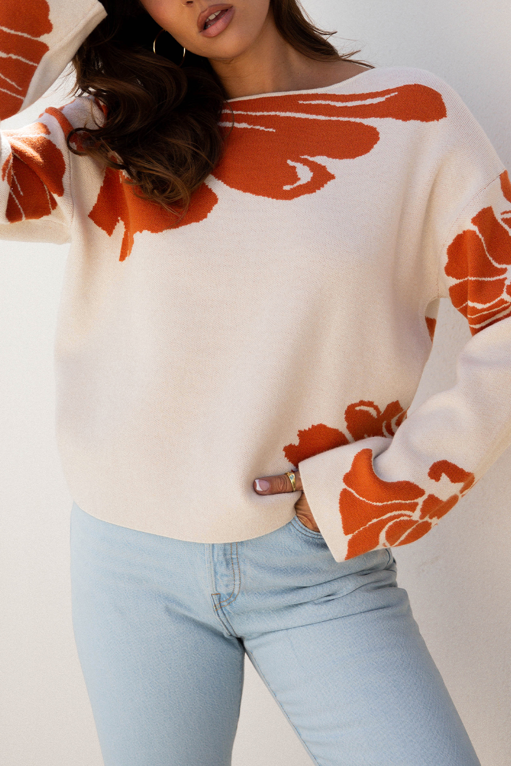 Beige Bold Flower Pattern Wide Sleeve Baggy Sweater - loveforevers