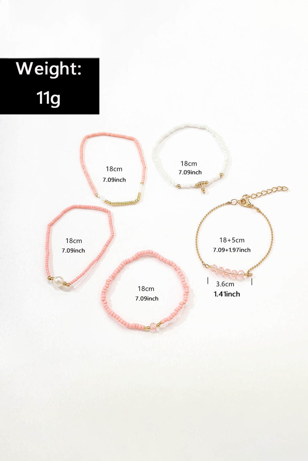 Pink Pearl Crystal Bead Detail 5pcs Elastic Bracelet Set - loveforevers