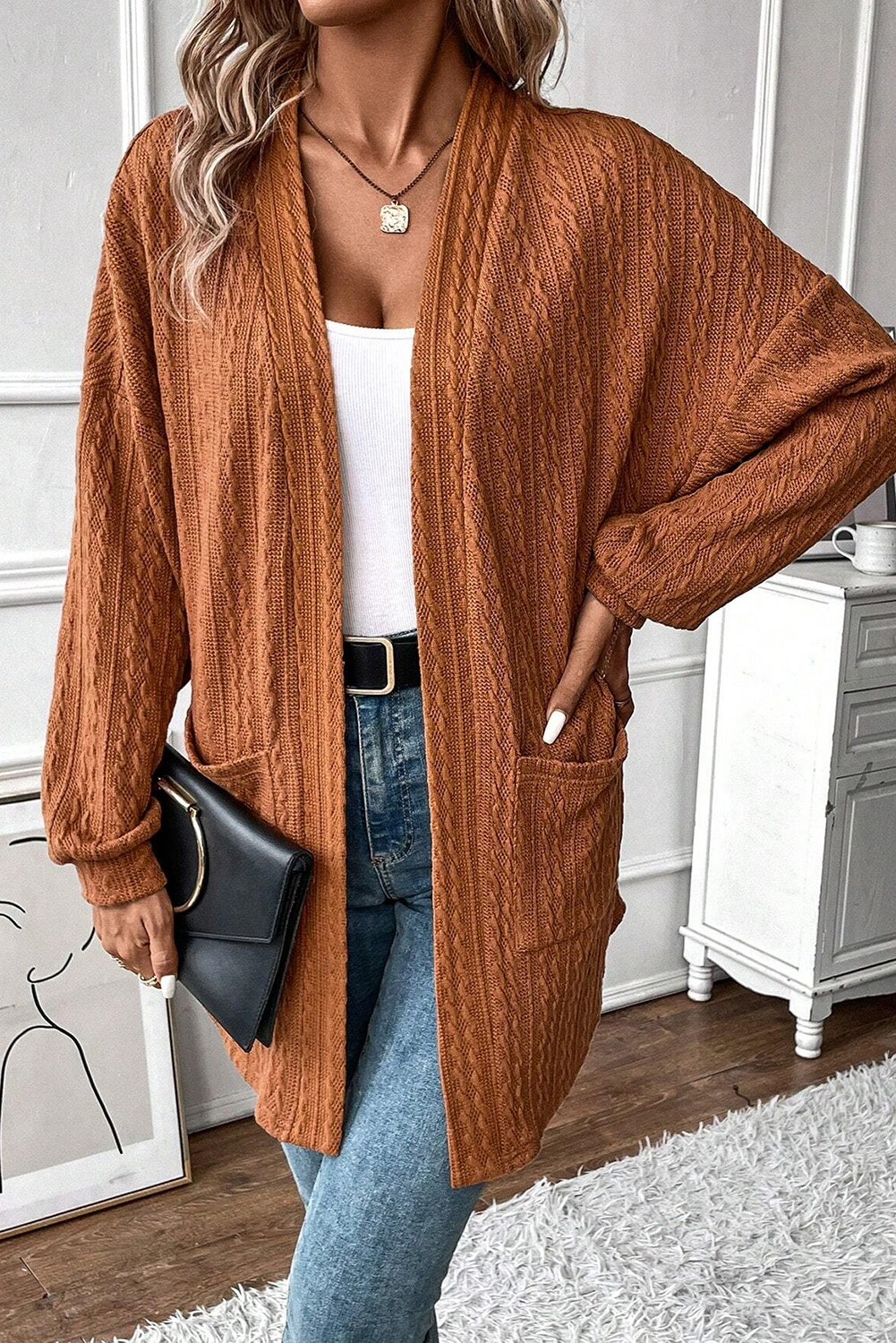 Chestnut Textured Knit Side Pockets Open Front Cardigan - loveforevers