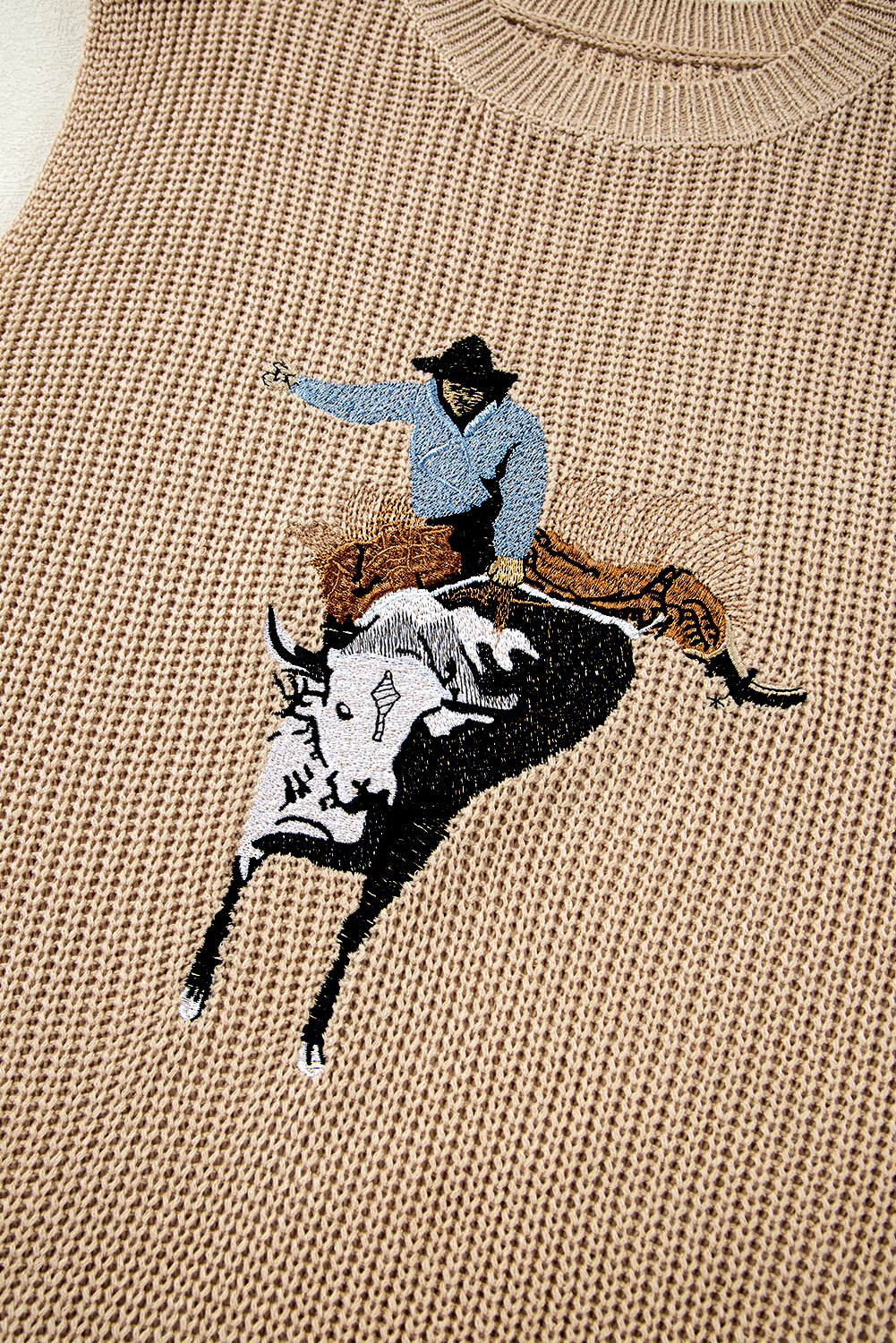 Black Western Cowboy Embroidery Round Neck Sleeveless Sweater - loveforevers