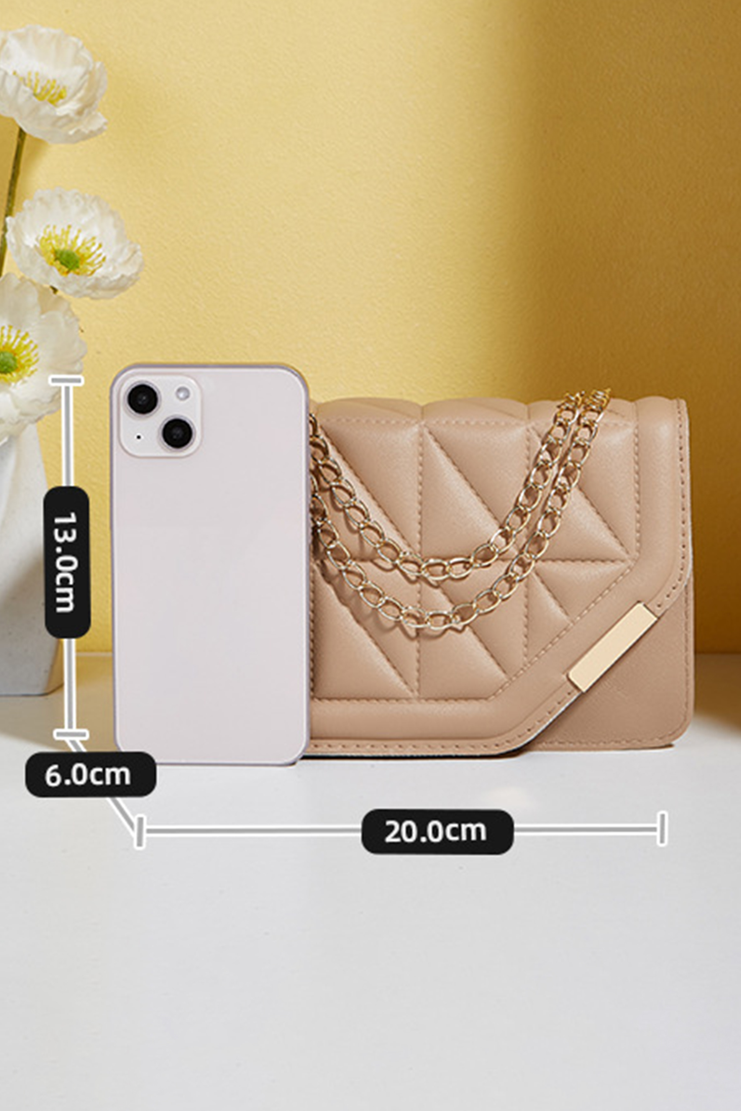 Khaki PU Leather Quilted Texture Asymmetric Cover Chain Strap Square Shoulder Bag - loveforevers