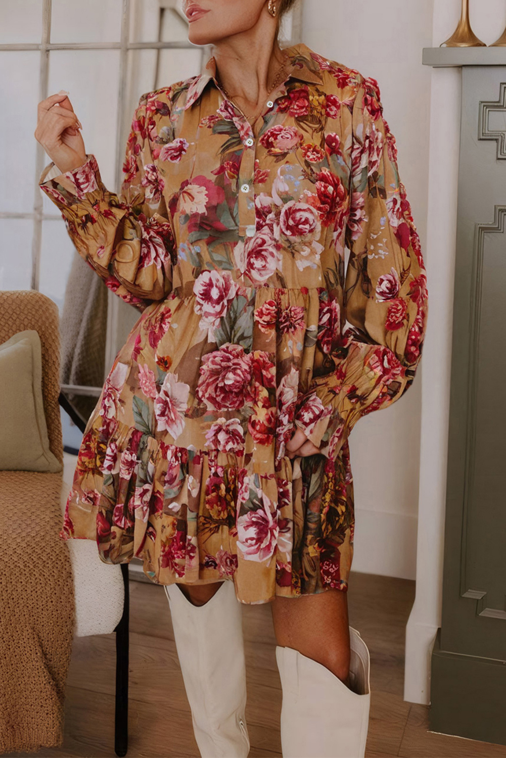 Brown Vintage Floral Print Shirt Style Half Button Long Sleeve Ruffle Mini Dress - loveforevers
