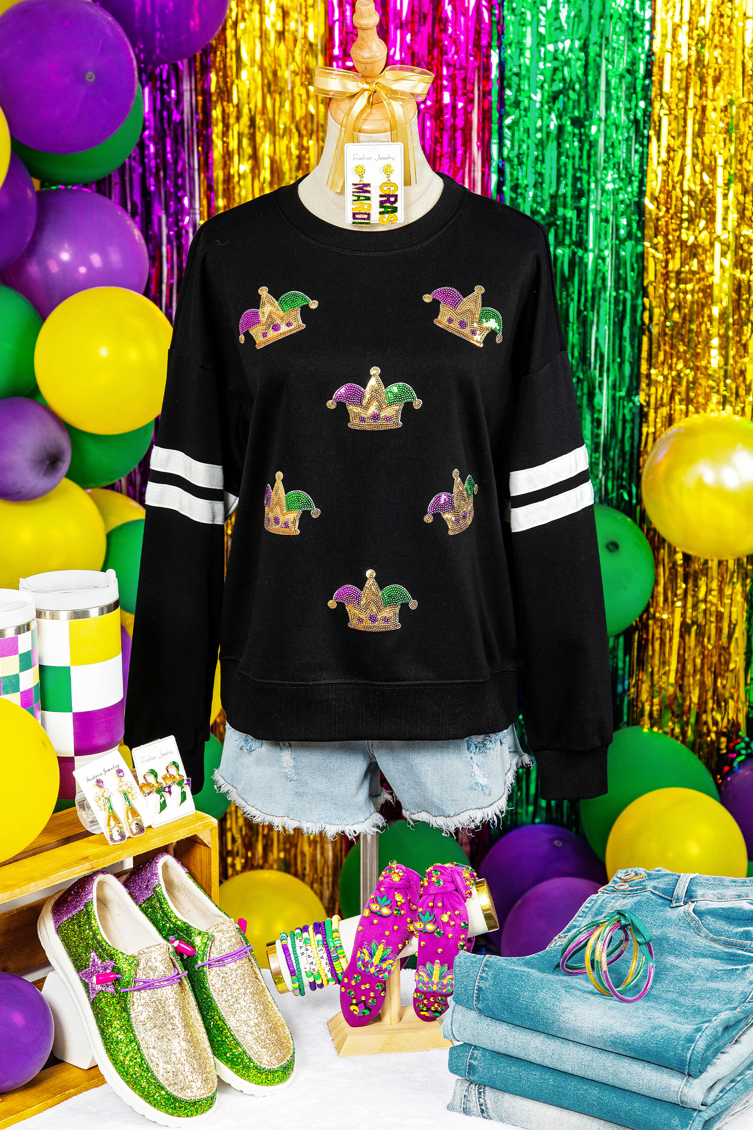 Black Sequin Mardi Crown Dropped Shoulder Varsity Sweatshirt - loveforevers