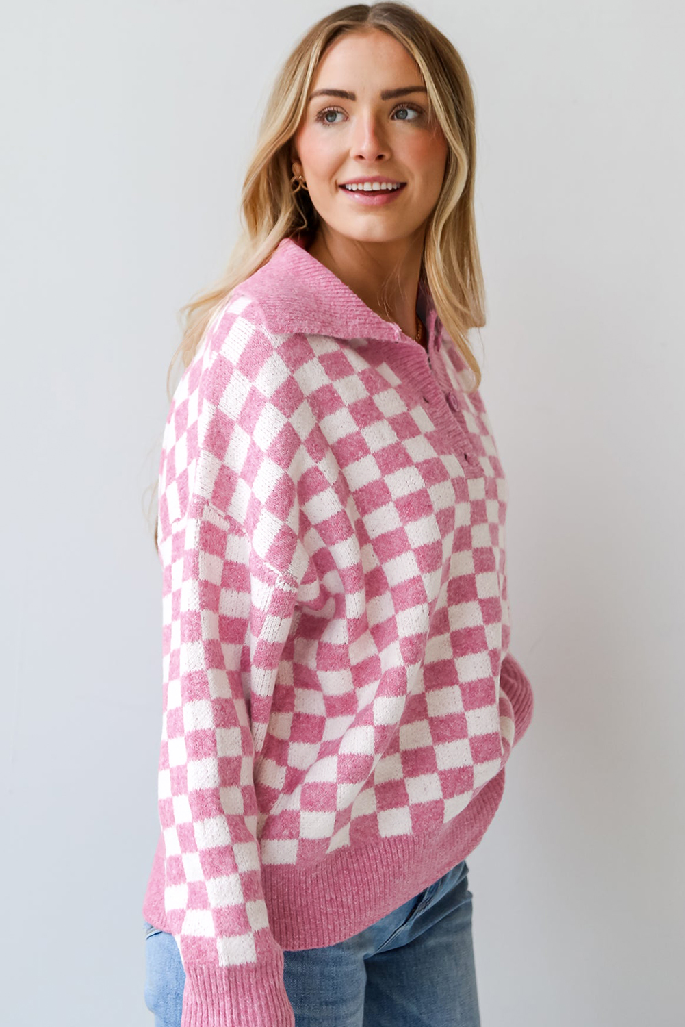 Pink Checkered Buttons Collar V Neck Drop Shoulder Sweater - loveforevers