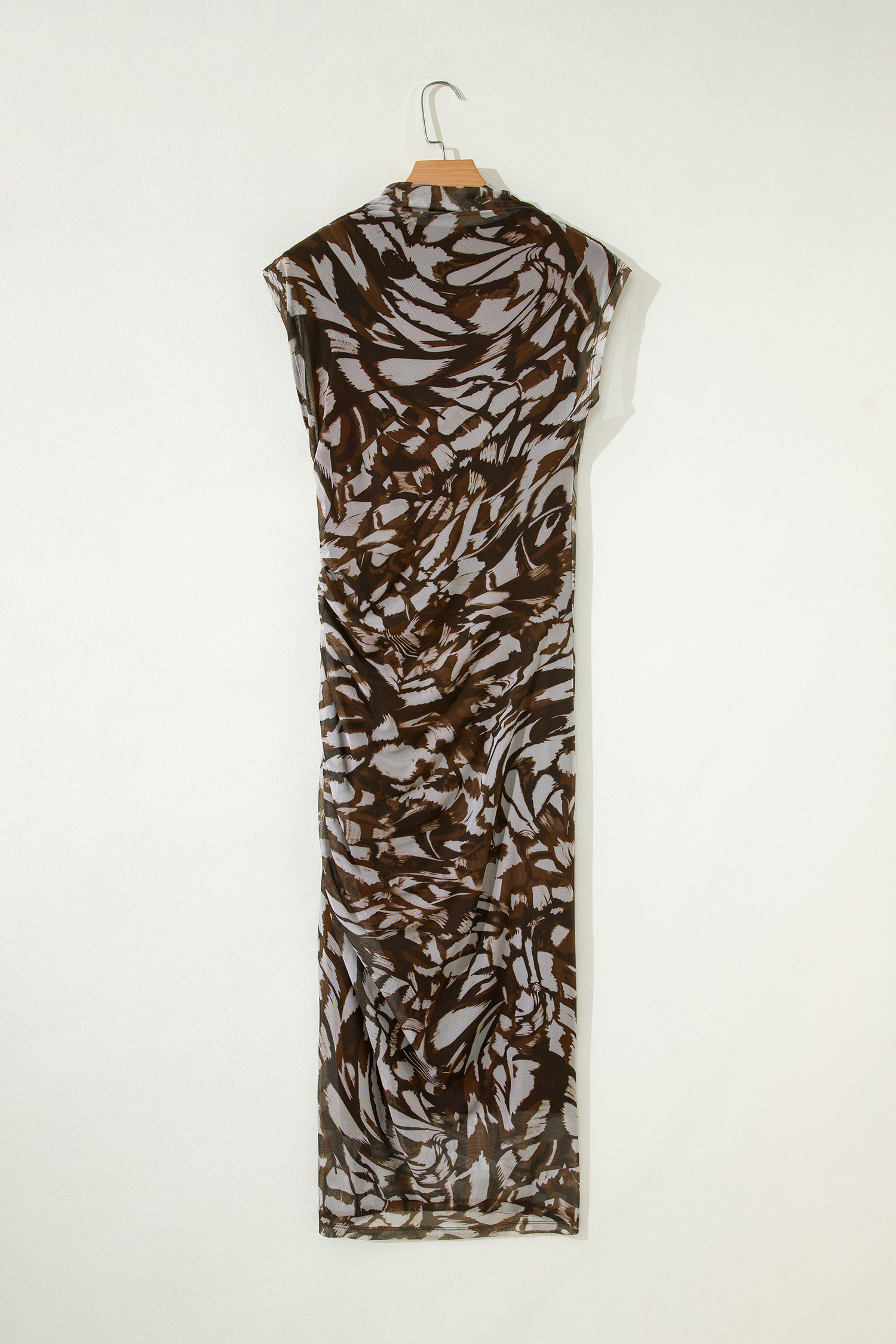Brown Abstract Print Mesh Cowl Neck Cap Sleeve Ruched Midi Dress with Slit - loveforevers