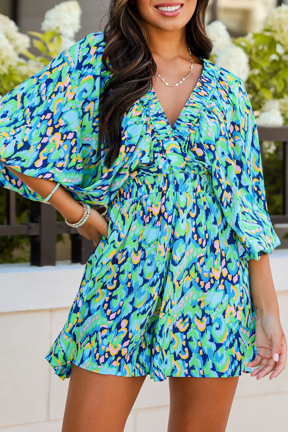 Green Abstract Print Puff Sleeve V Neck High Waist Romper - loveforevers