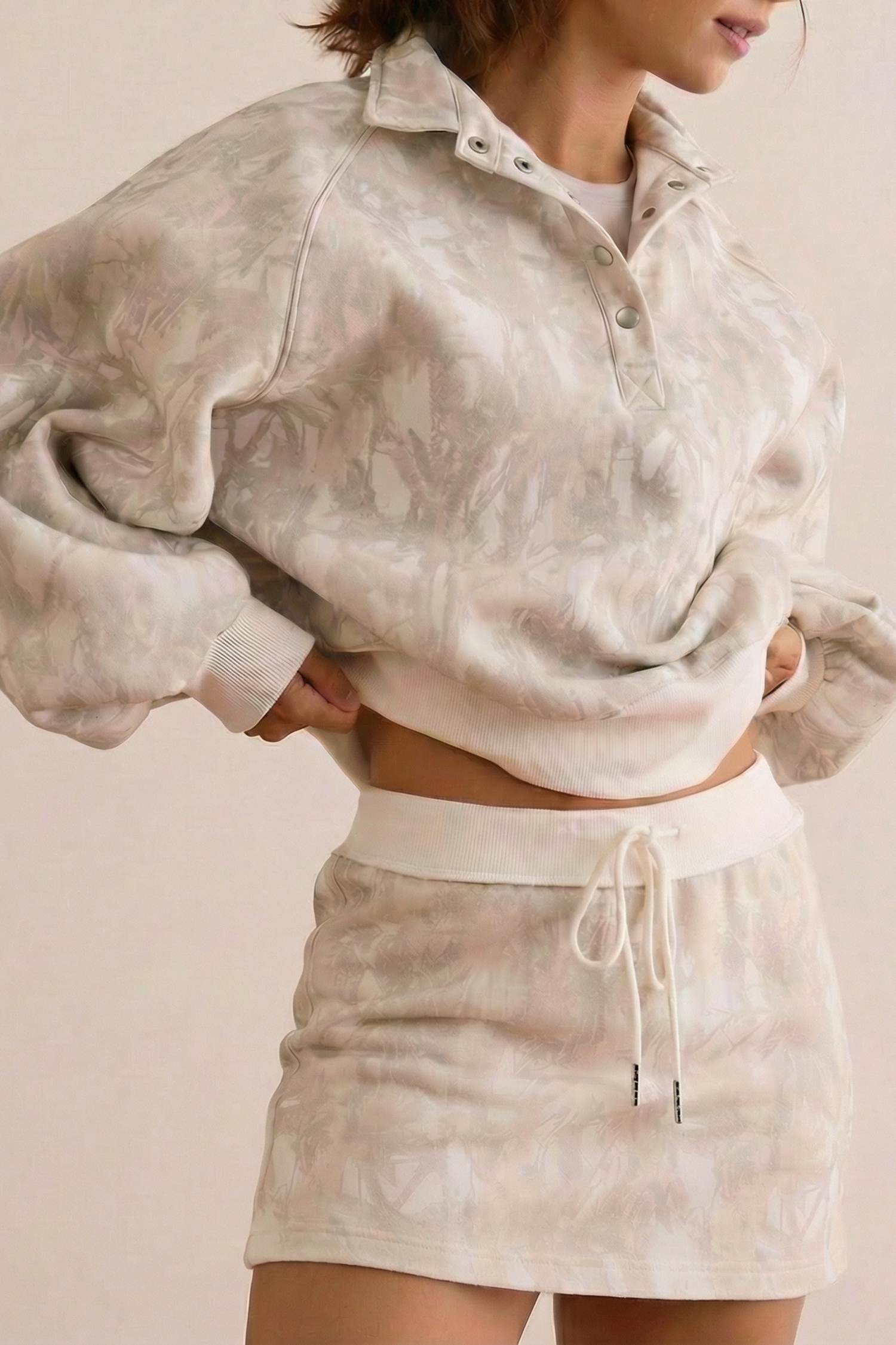 White Abstract Woodland Print Balloon Sleeve Pullover Drawstring Mini Skort Set - loveforevers