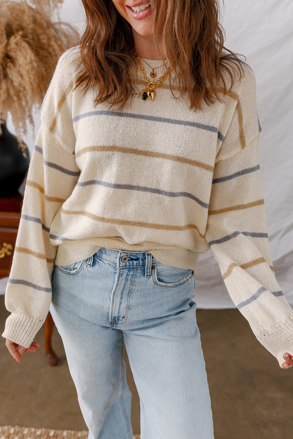 Multicolour Striped Buttoned Front V Neck Drop Shoulder Cardigan Sweater - loveforevers