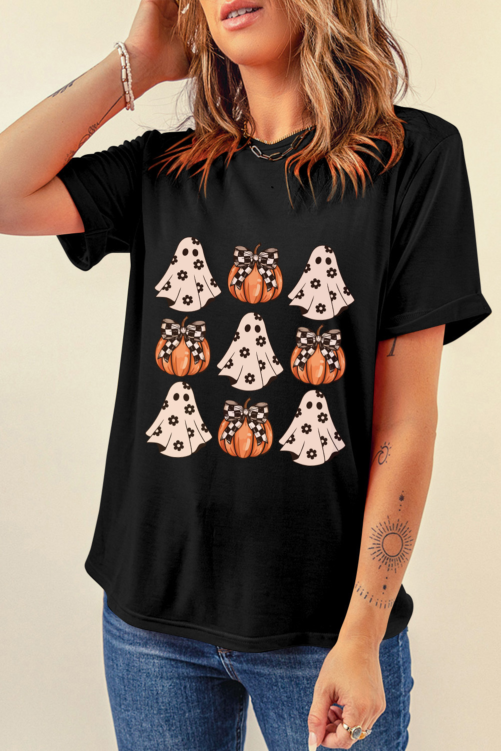 Black Halloween Ghost Pumpkin Print Crew Neck T Shirt - loveforevers