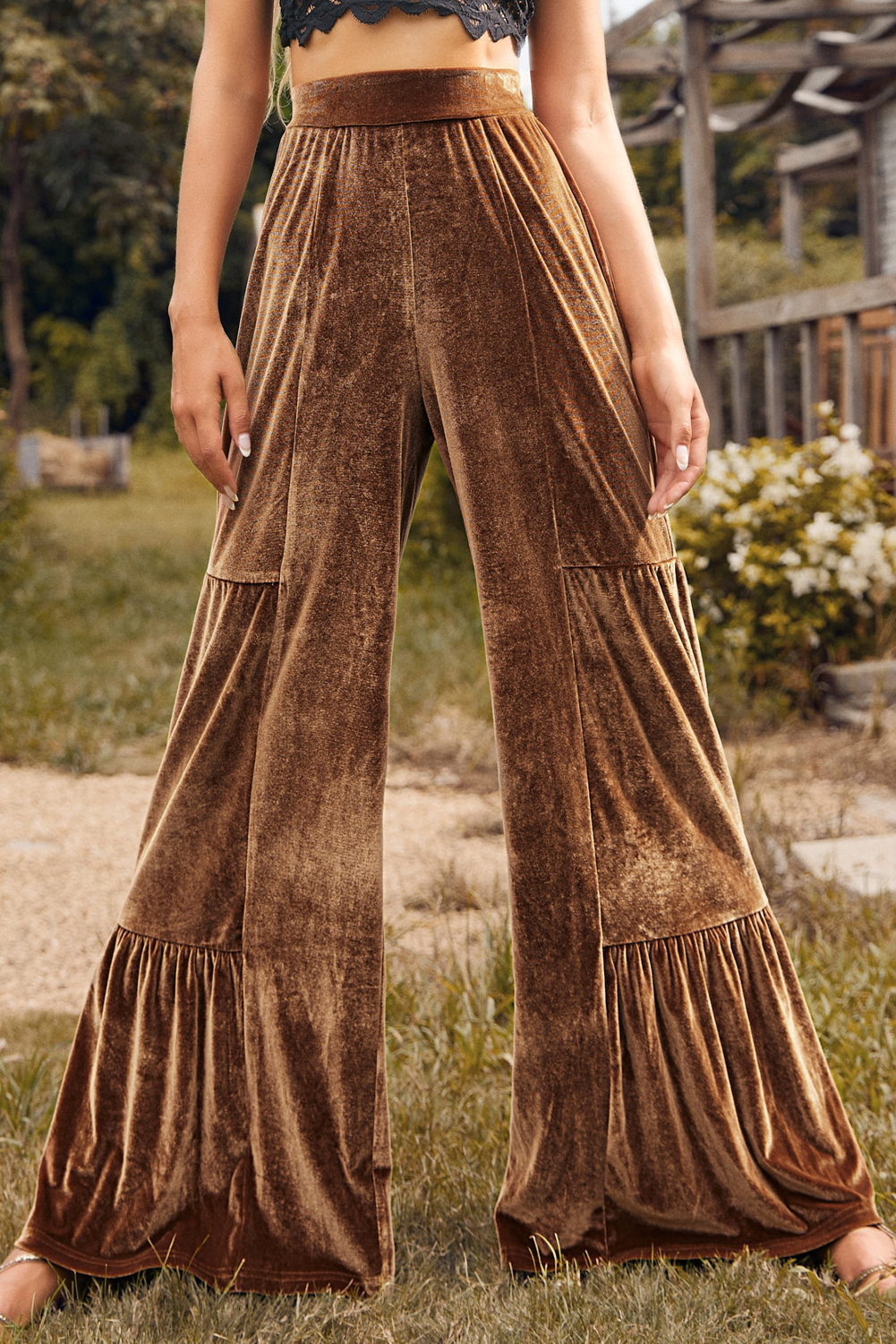 Chestnut Ruffle Hem Wide Leg Velvet Pants - loveforevers