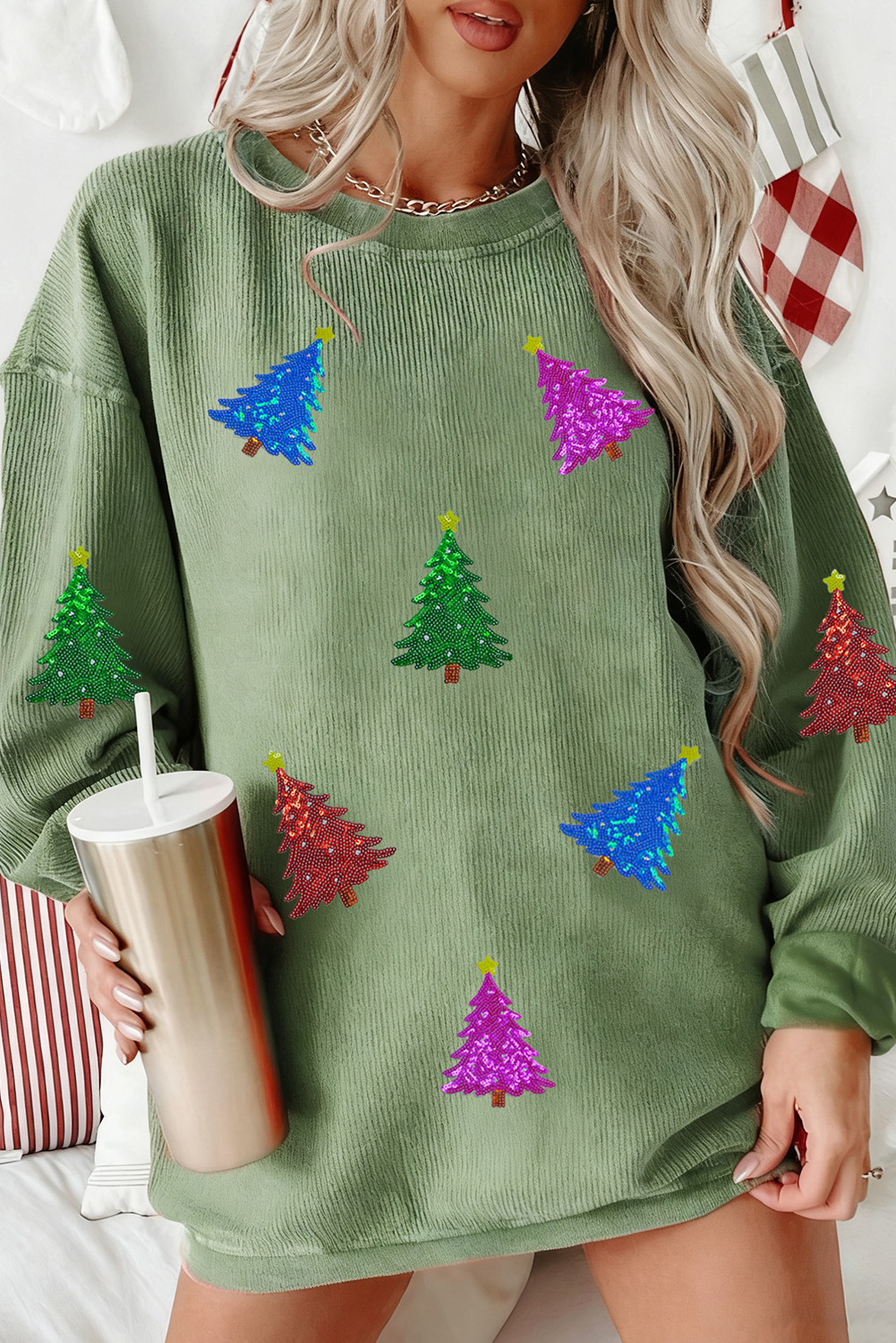 Grass Green Glitter Christmas Tree Patched Pattern Corded Baggy Sweatshirt - loveforevers