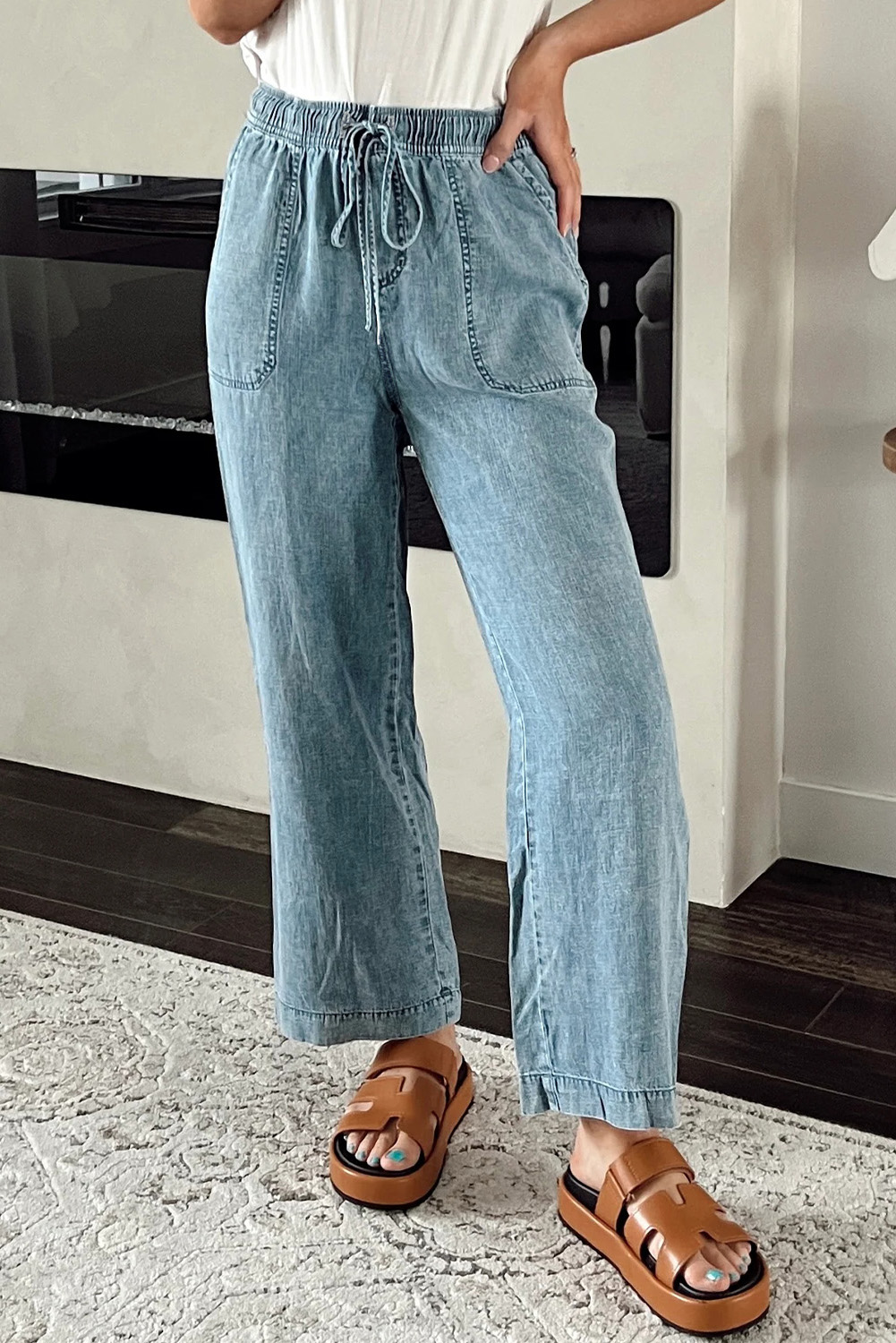 Myosotis Mineral Wash Drawstring Elastic Waistband Loose Straight Denim Pants - loveforevers