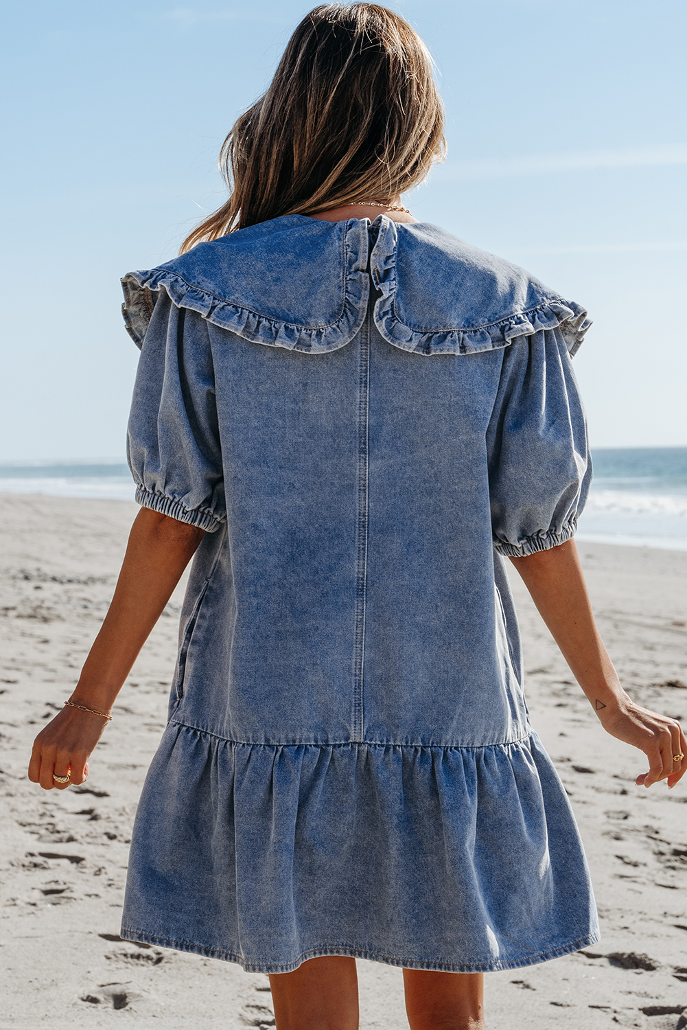 Dusk Blue Ruffled Collared Side Pockets Puff Sleeve Denim Mini Dress - loveforevers