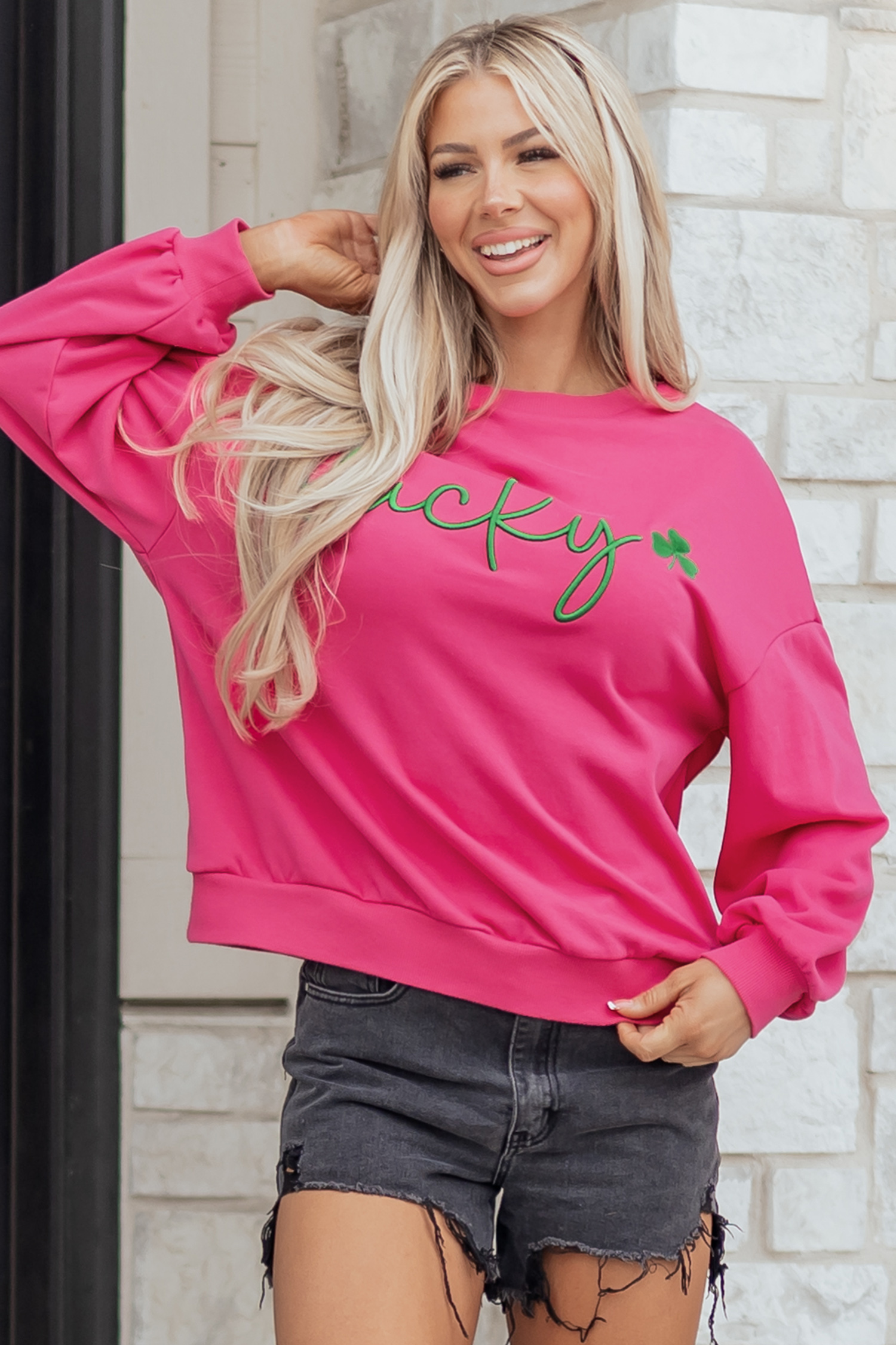 Rose Red Lucky Clover Embroidered Loose Pullover Sweatshirt - loveforevers
