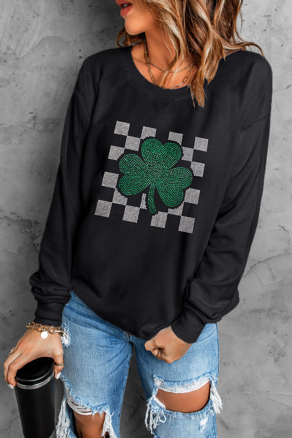 Black Rhinestone Checkerboard Clover Graphic St Patrick Sweatshirt - loveforevers