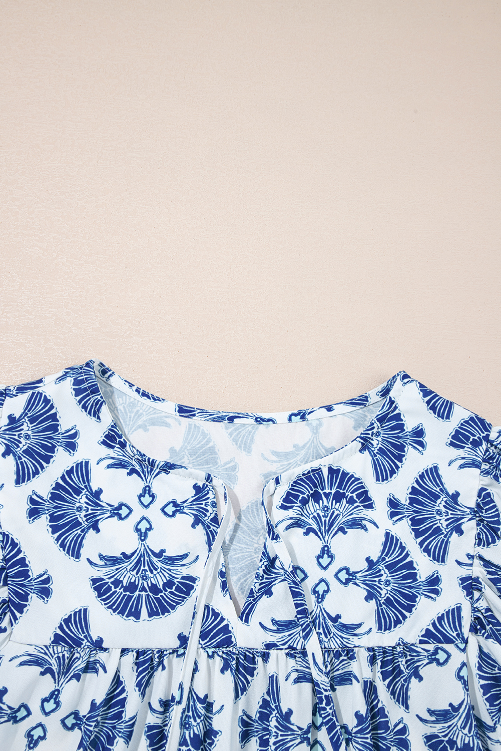 Sky Blue Geometric Print Tassel Drawstring V Neck Blouse - loveforevers