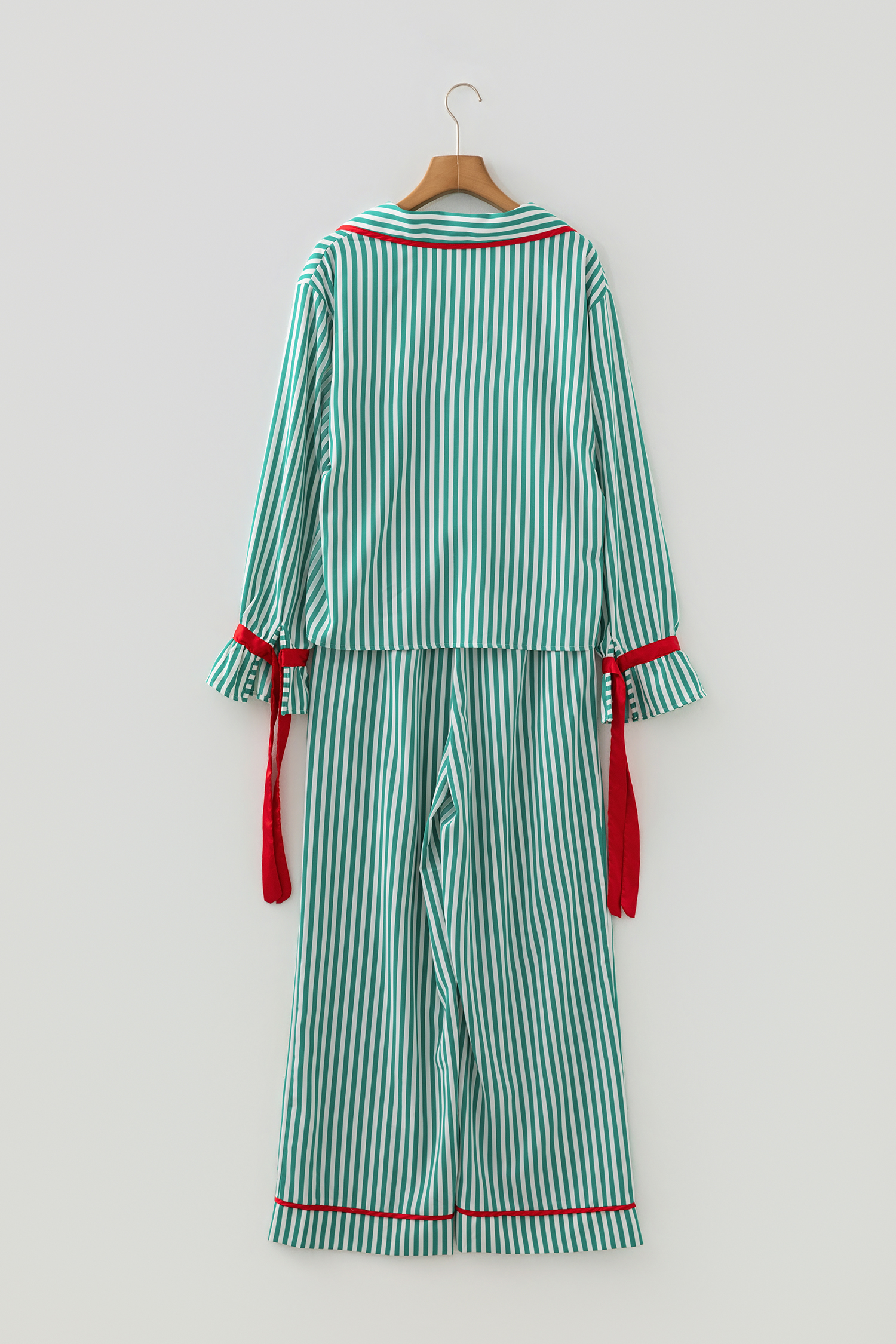 Red Stripe Contrast Velvet Trim Bow Knot Waist 2pcs Pajama Set - loveforevers