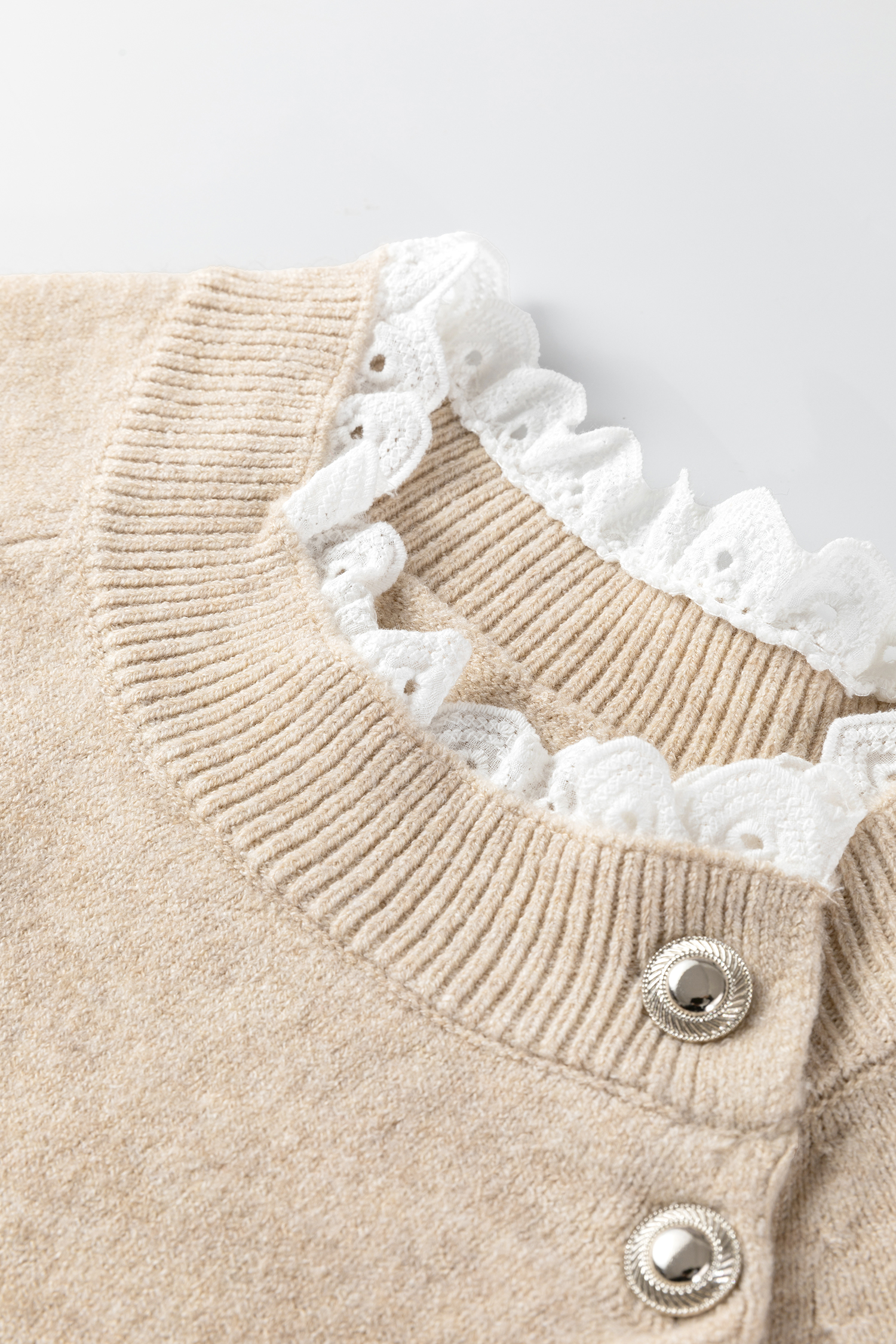 Parchment Button Lace Detail Raglan Sleeve Shift Mini Sweater Dress - loveforevers