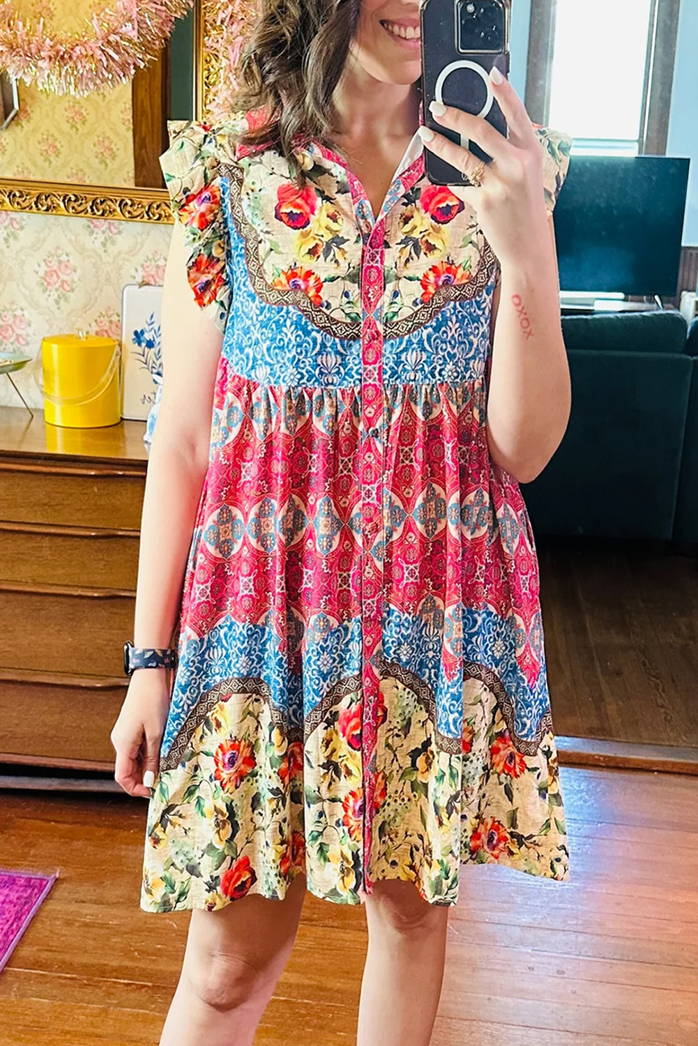 Rose Floral Mixed Pattern Ruffle Flutter Sleeve Buttoned Dress - loveforevers
