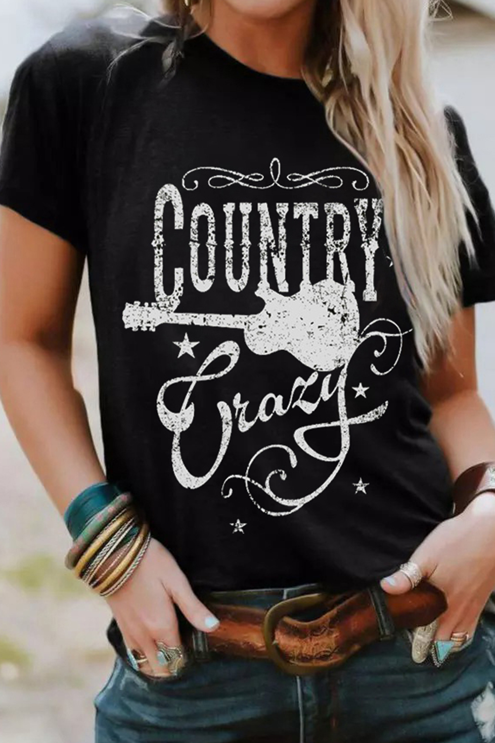 Black Country Music Crazy Print Crew Neck T Shirt - loveforevers