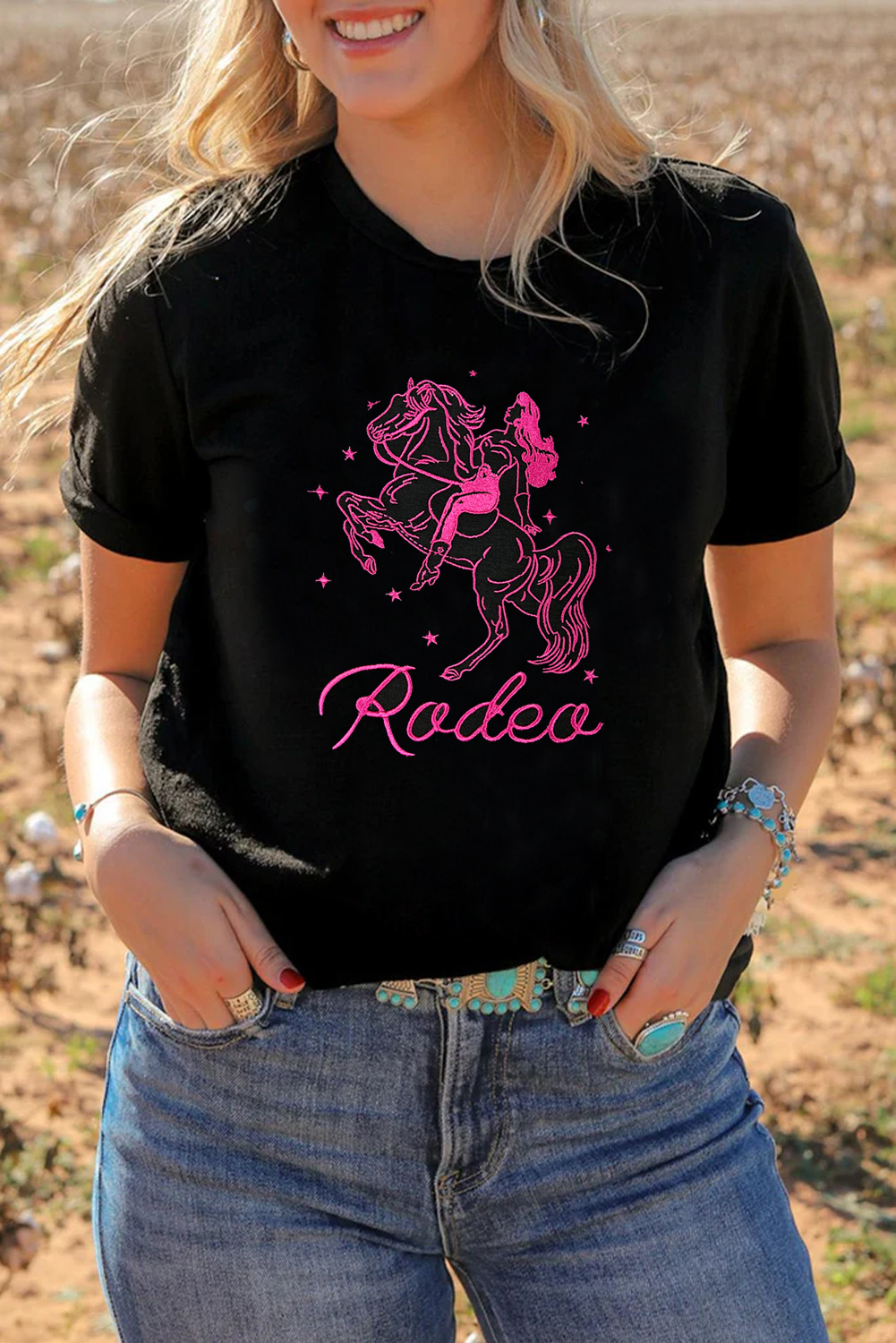 Black Cowgirl Rodeo Embroidered Pattern Western Fashion Tee - loveforevers