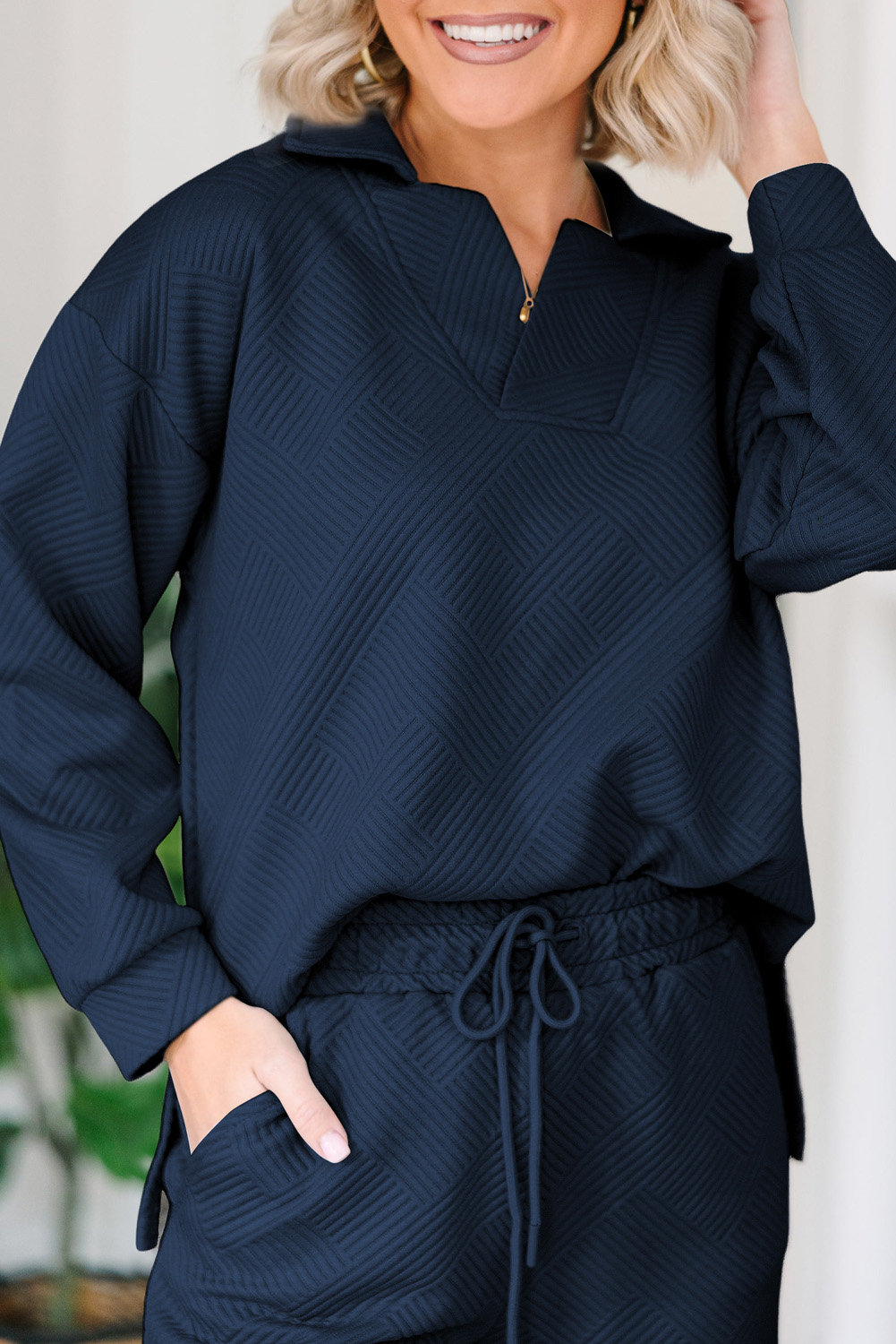 Sail Blue Solid Textured Collared V Neck Top and Wide Leg Pants Set - loveforevers