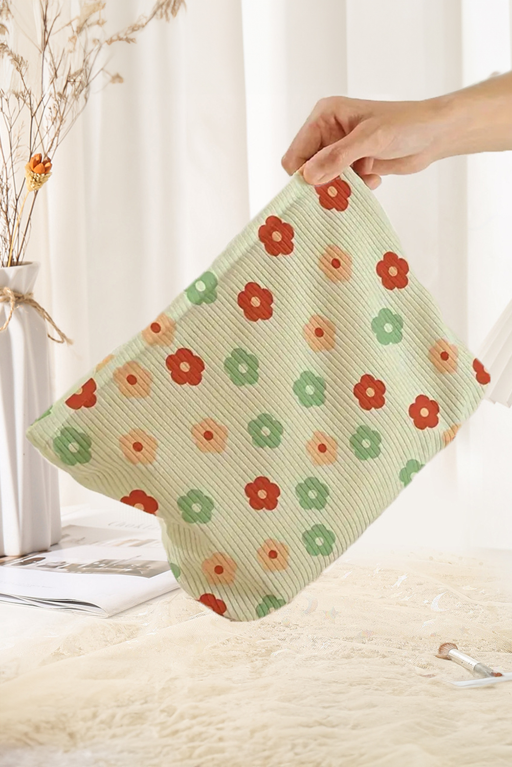 Clearly Aqua Flower Print Corduroy Zipper Makeup Storage Bag - loveforevers